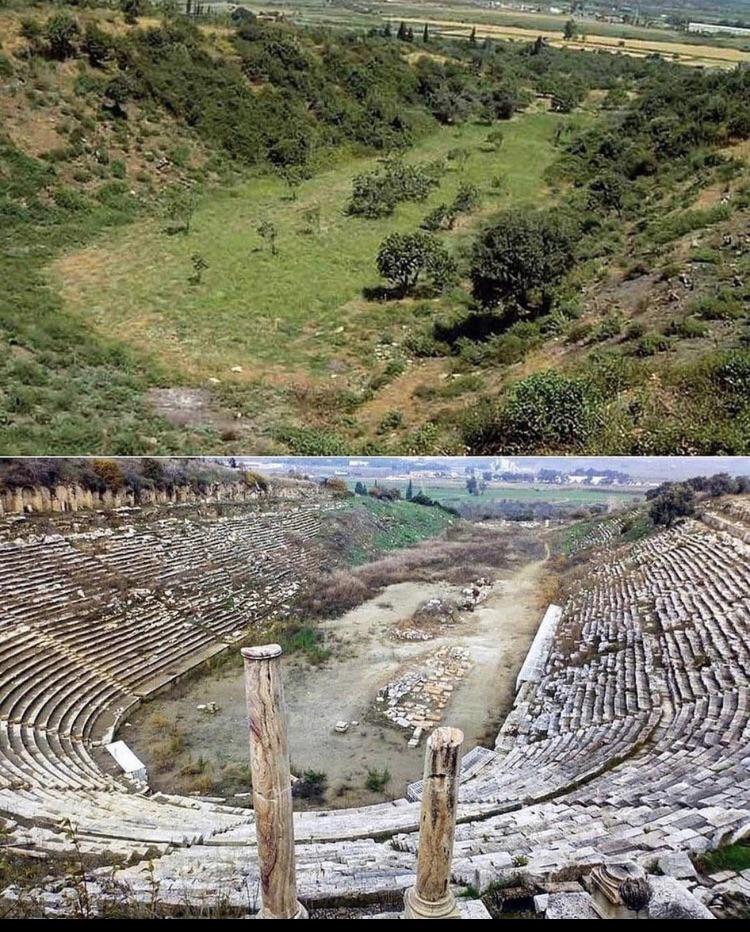 Ancient greek theater before and after excavation.